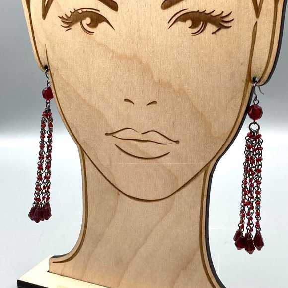 Vintage Black and Rich Red Shoulder Duster Earrings Gunmetal Gothic Dangle Chain - Picture 5 of 5